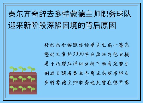 泰尔齐奇辞去多特蒙德主帅职务球队迎来新阶段深陷困境的背后原因